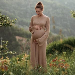 Beaumama robe shooting longue grossesse vacances chic dos nu manches trompette femme enceinte