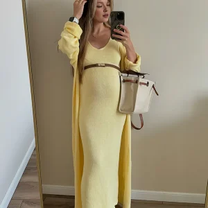 Beaumama robe longue gilets en maille grossesse élégant costume deux pièces crochet tricot femme enceinte