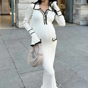 Beaumama robe longue grossesse élégant travail volants boutonnage moulante poches femme enceinte