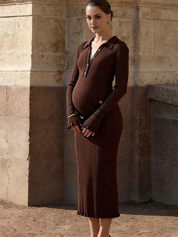 Beaumama robe longue grossesse élégant travail volants boutonnage moulante poches femme enceinte – Image 6