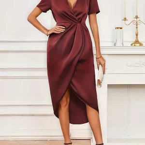 Beaumama robe mi-longue grossesse satin basique plissé fendu le côté col croisé femme enceinte