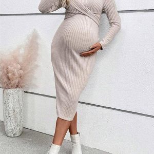 Beaumama robe mi-longue grossesse casual chic nœud moulante rayé femme enceinte