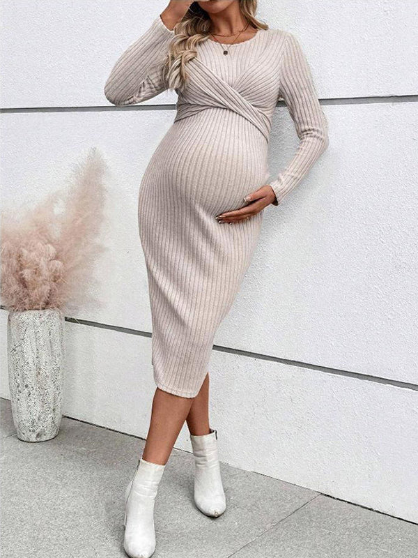 Beaumama robe mi-longue grossesse casual chic nœud moulante rayé femme enceinte