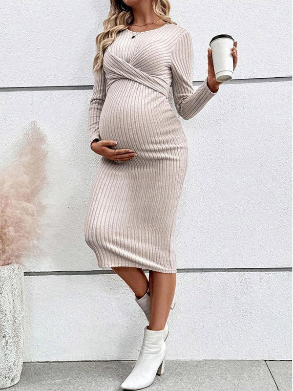 Beaumama robe mi-longue grossesse casual chic nœud moulante rayé femme enceinte – Image 4