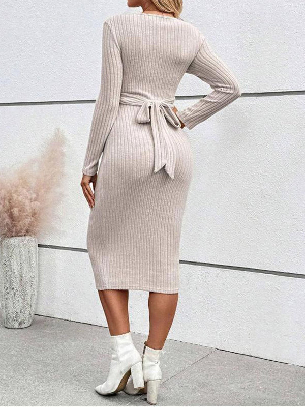 Beaumama robe mi-longue grossesse casual chic nœud moulante rayé femme enceinte – Image 5