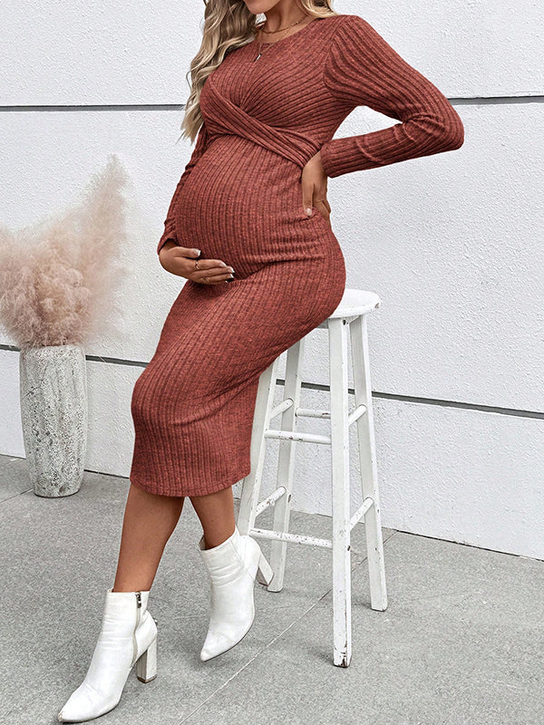 Beaumama robe mi-longue grossesse casual chic nœud moulante rayé femme enceinte – Image 8