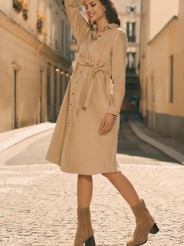 Beaumama robe chemises mi-longue grossesse élégant travail ceinture boutonnage femme enceinte – Image 3