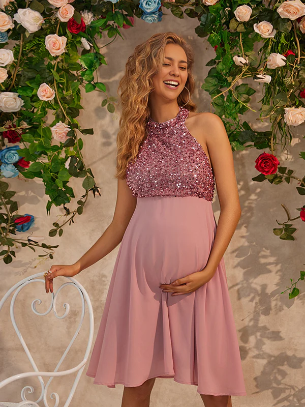 Beaumama robes courte grossesse brillante paillette dos nu licou élégant femme enceinte – Image 6
