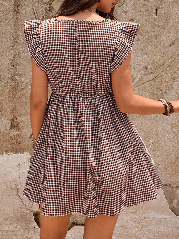 Beaumama robe grossesse courte coupe trapèze avec volants style mignon à carreaux femme enceinte – Image 5