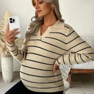 Beaumama pull grossesse casual vintage rayé moulante crochet tricot femme enceinte