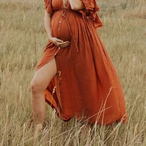 Beaumama robes photo longue grossesse élégant volants coulisse taille boutonnage femme enceinte rouille