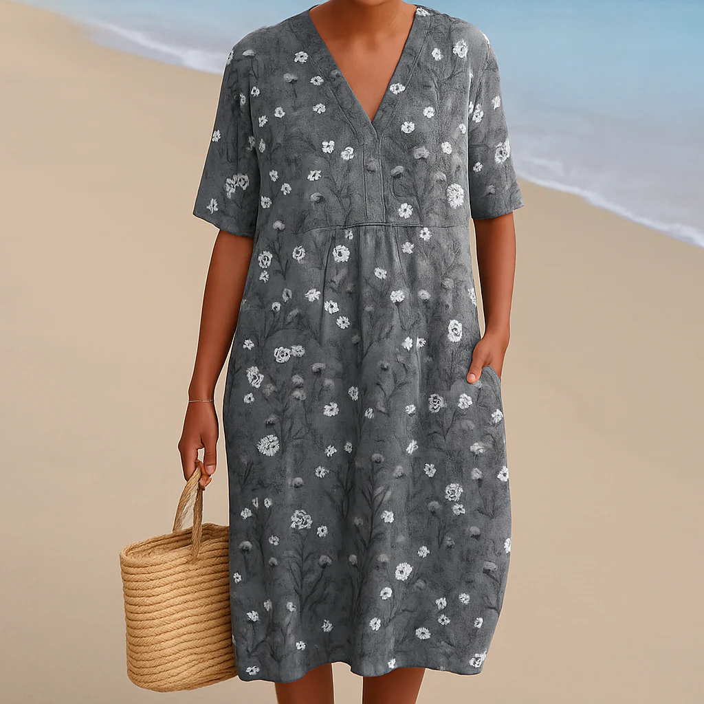 NOÉMIE | Robe grise à fleurs blanches