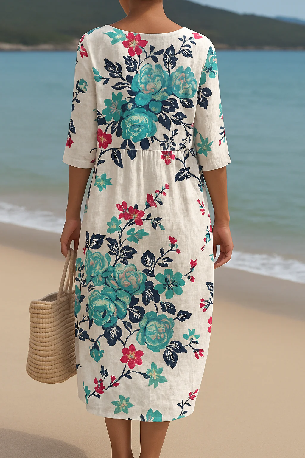 Élodie | Robe longue blanche à fleurs turquoises – Image 3