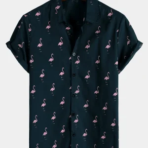 Chemise d'été pour hommes avec imprimé flamant rose à manches courtes