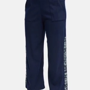 Pantalon 'Delina' en denim – bleu marine, fluide & avec détail imprimé