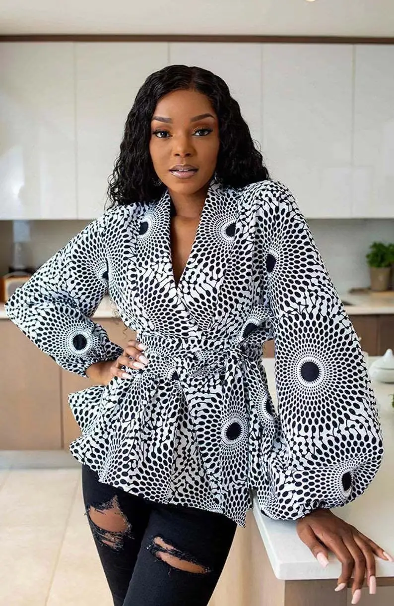 Vêtements africains pour femmes, été, femmes africaines, col en V, polyester, imprimé, t-shirt à manches longues, haut pour femmes en tissu imprimé africain – Image 9