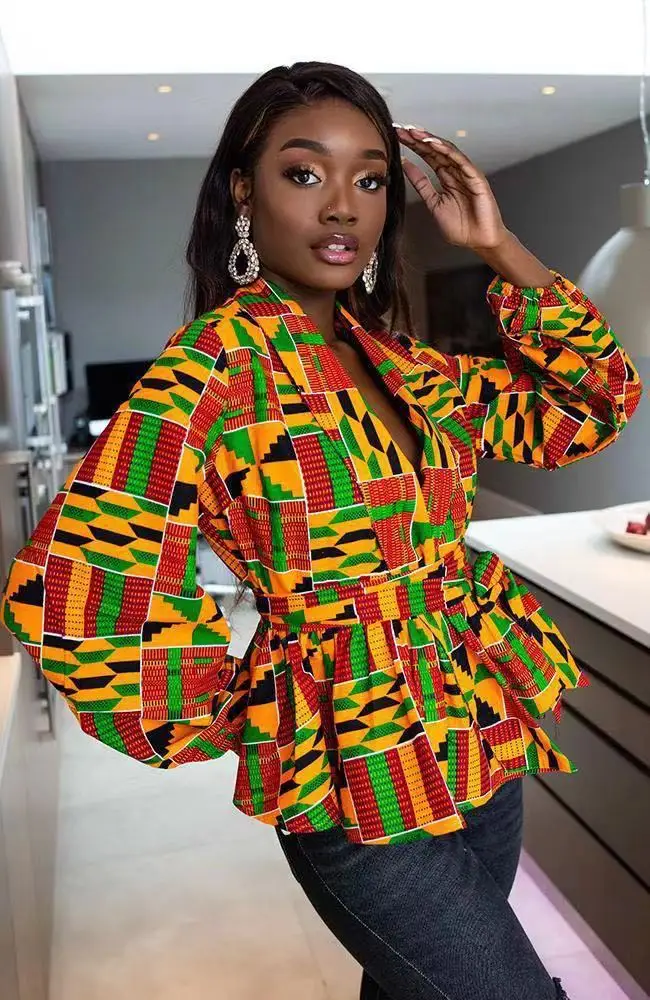 Vêtements africains pour femmes, été, femmes africaines, col en V, polyester, imprimé, t-shirt à manches longues, haut pour femmes en tissu imprimé africain – Image 8
