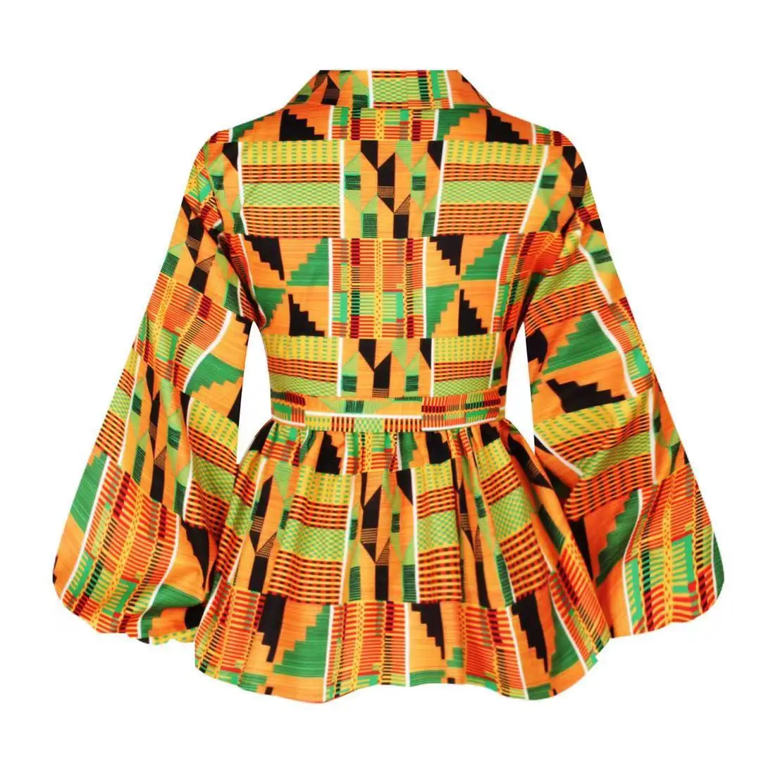 Vêtements africains pour femmes, été, femmes africaines, col en V, polyester, imprimé, t-shirt à manches longues, haut pour femmes en tissu imprimé africain – Image 3