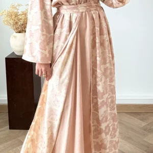 ENSEMBLE Robe et Kimono- Jacquard Floral Pink Rose