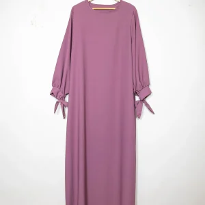Abaya en soie de Médine RO2378PK - Elégante et fluide avec coupe ample et manches ballon avec joli nœud