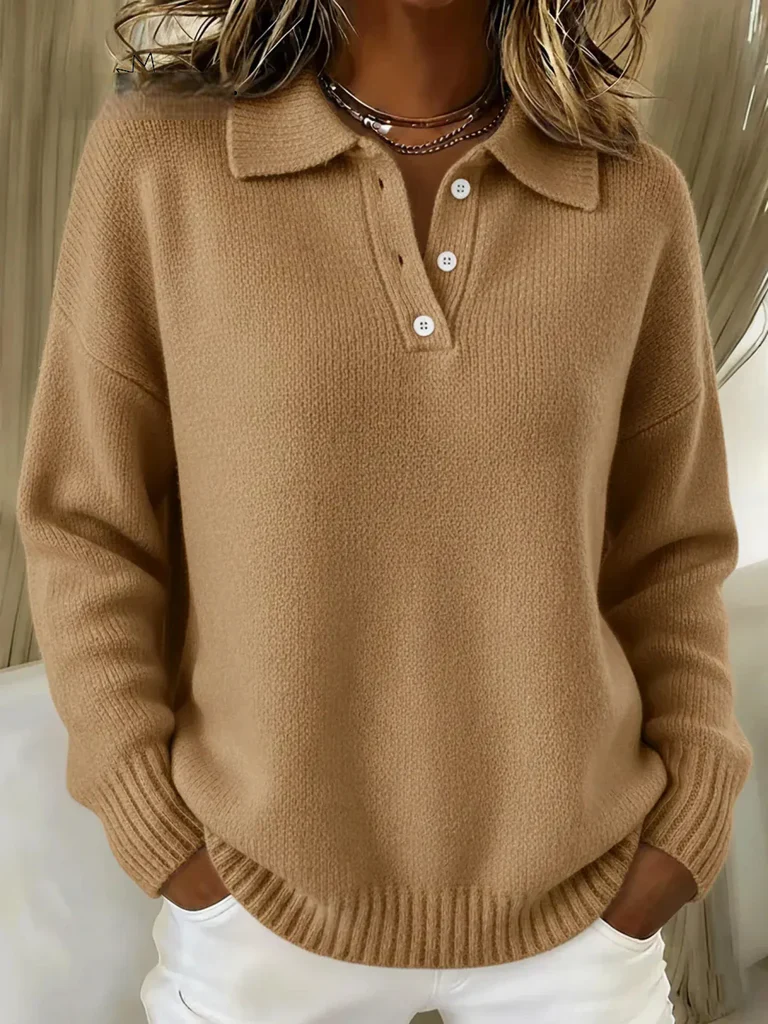Pull Femme en Maille Douce à Col Polo Boutonné – Image 4