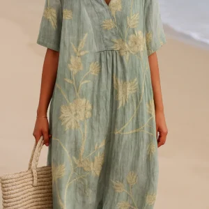 Olivia | Robe bleu-gris à broderies florales