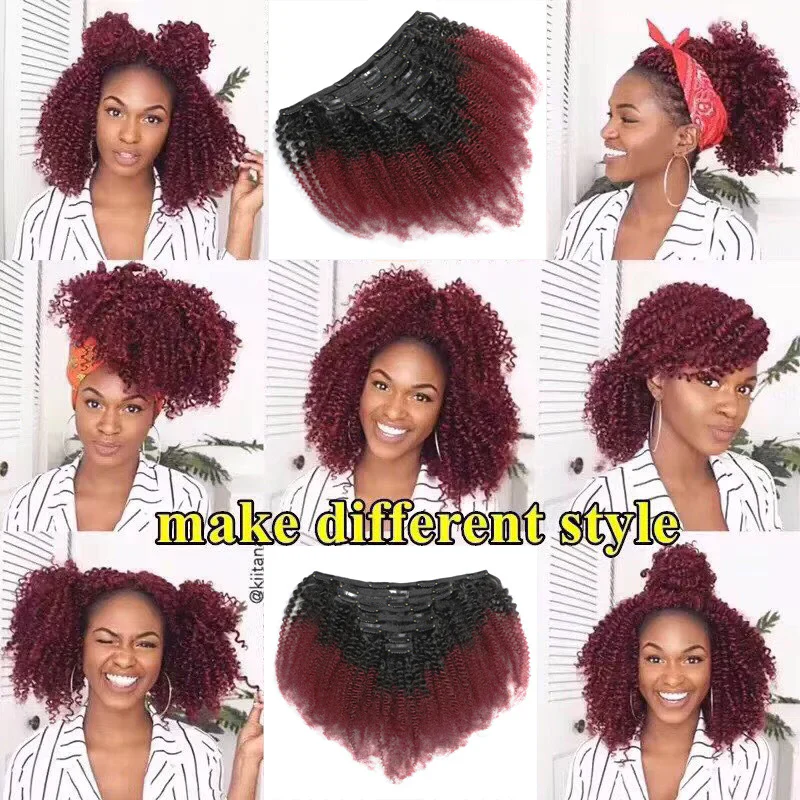 afro kinky curly clips in hair color 1b/99j extensions à clips cheveux 100% naturel couleur Bordeau – Image 5