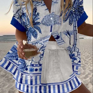 Zanika™ | Ensemble court en lin avec imprimé de palmiers