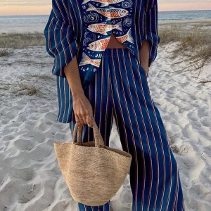 Zairine™ | Ensemble en lin avec imprimé Koi bleu