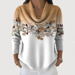 Pull Femme à Col Snood avec Bordure Fleurie