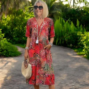 RHEA | Élégante Robe Midi à Imprimé et Décolleté en V