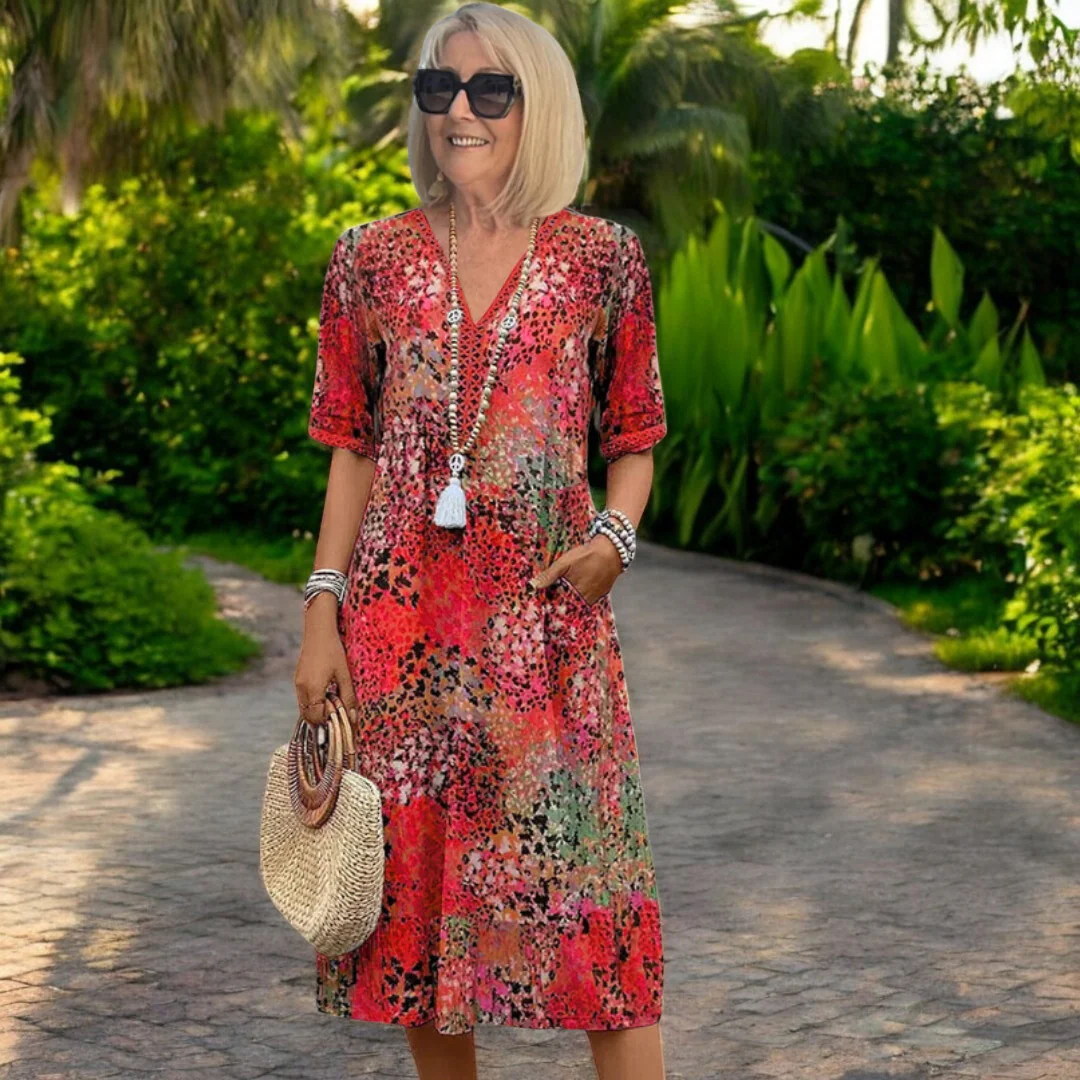 RHEA | Élégante Robe Midi à Imprimé et Décolleté en V – Image 2