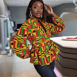 Vêtements africains pour femmes, été, femmes africaines, col en V, polyester, imprimé, t-shirt à manches longues, haut pour femmes en tissu imprimé africain
