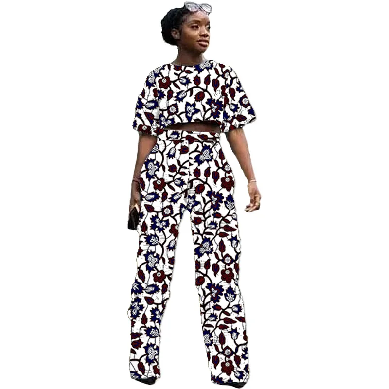 Costumes deux pièces tissu africains wax originaux pour femmes, mini-hauts et pantalons droits, tenue de soirée rétro, tenues de mariage pour dames – Image 8