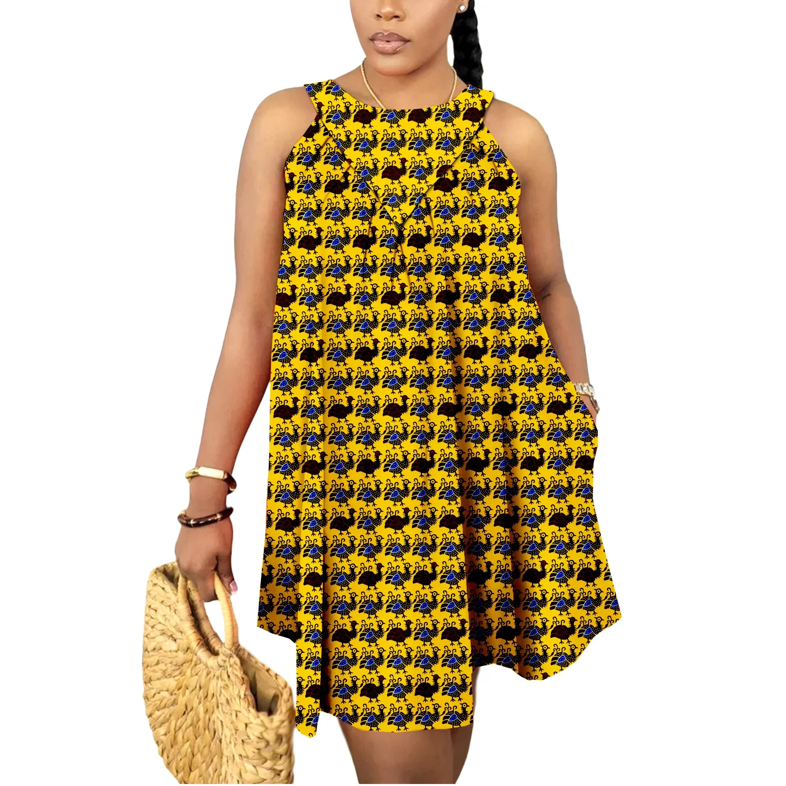 Mini-robes d'été africaines pour femmes, robe en wax imprimé Kente Ankara, sans manches, style bohème, tenue décontractée et élégante pour mariage – Image 5