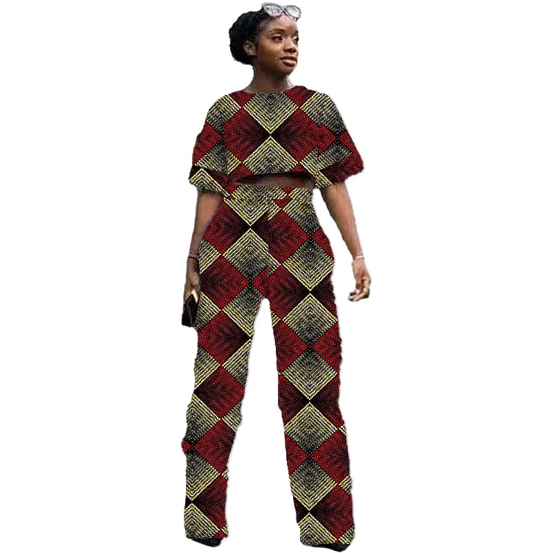 Costumes deux pièces tissu africains wax originaux pour femmes, mini-hauts et pantalons droits, tenue de soirée rétro, tenues de mariage pour dames – Image 4