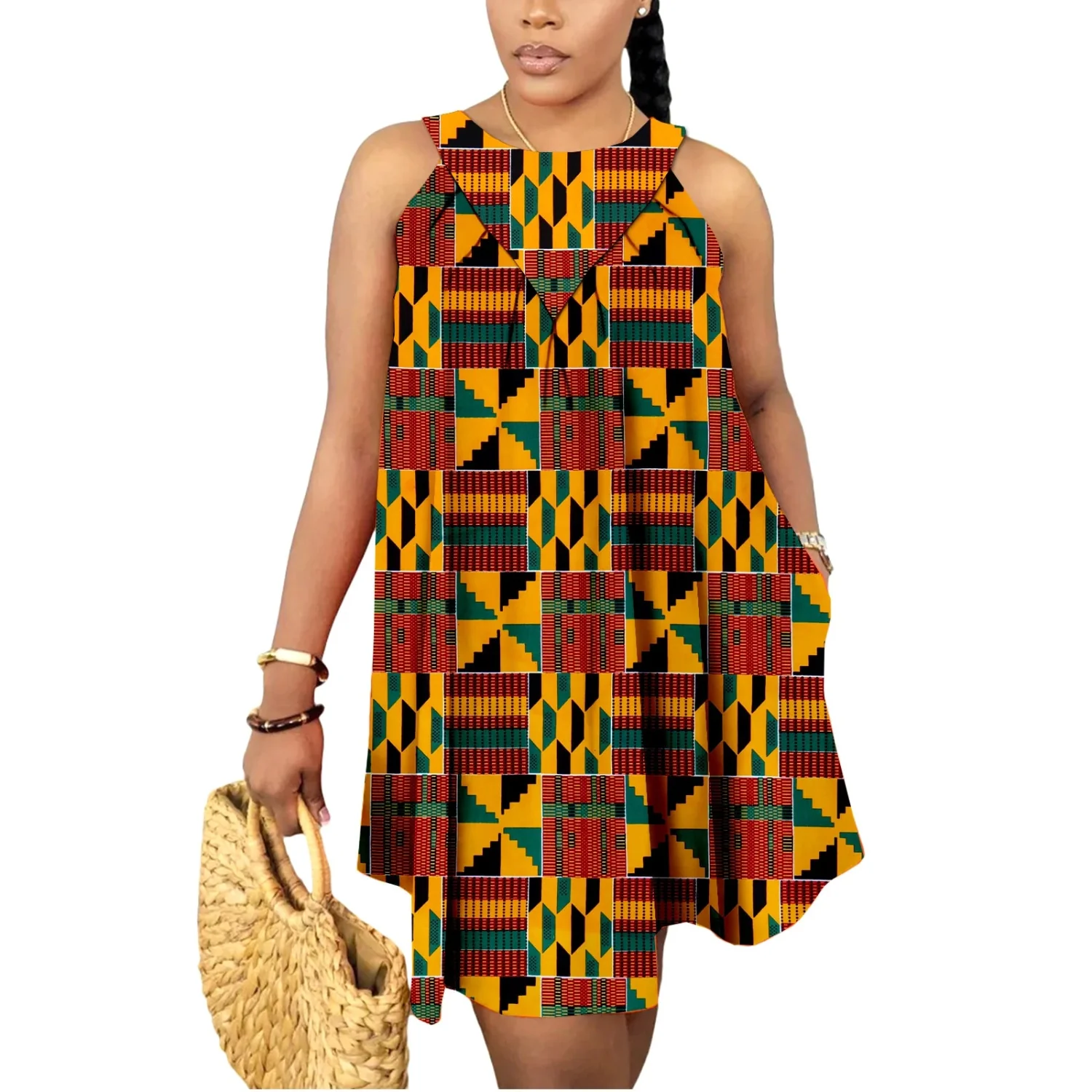 Mini-robes d'été africaines pour femmes, robe en wax imprimé Kente Ankara, sans manches, style bohème, tenue décontractée et élégante pour mariage – Image 2