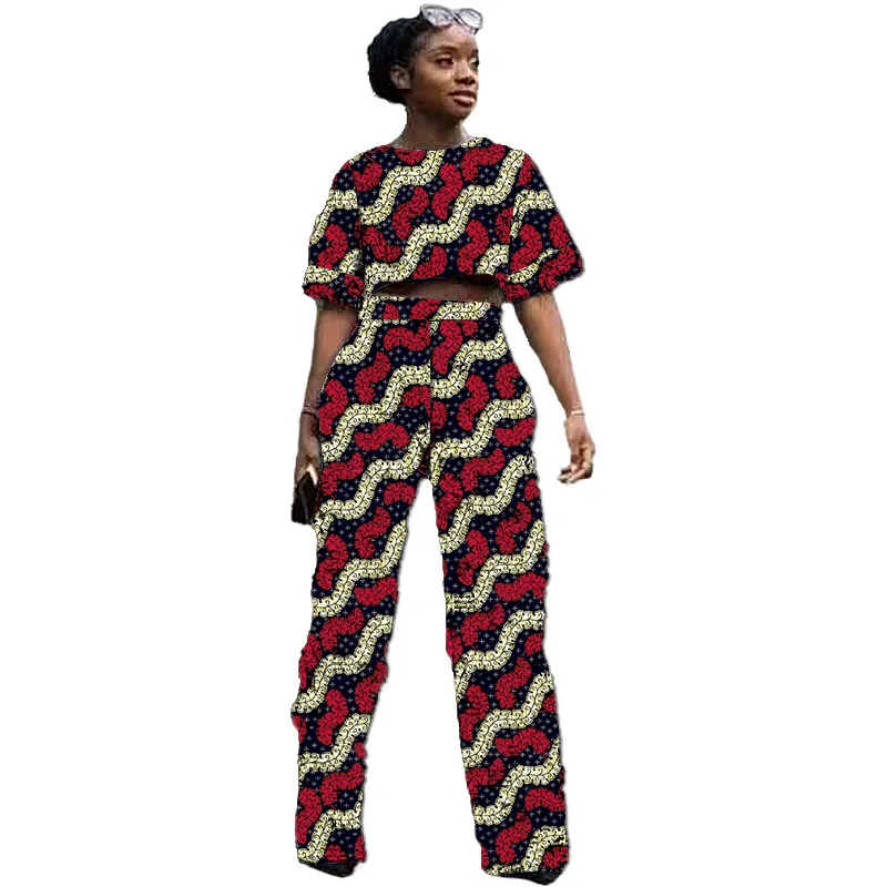 Costumes deux pièces tissu africains wax originaux pour femmes, mini-hauts et pantalons droits, tenue de soirée rétro, tenues de mariage pour dames – Image 6
