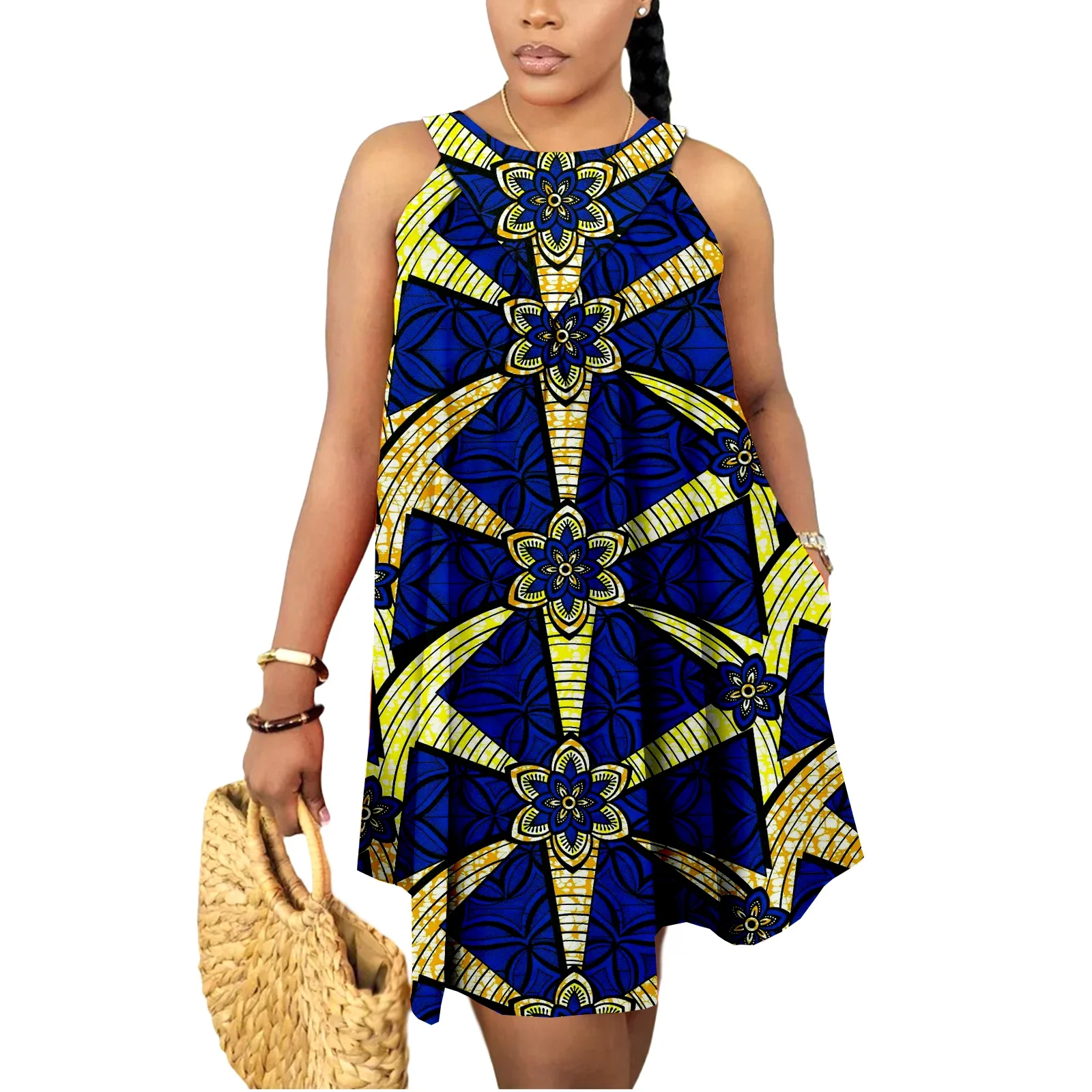 Mini-robes d'été africaines pour femmes, robe en wax imprimé Kente Ankara, sans manches, style bohème, tenue décontractée et élégante pour mariage – Image 4