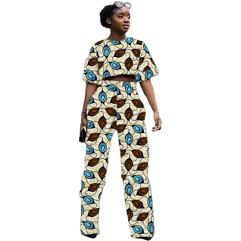 Costumes deux pièces tissu africains wax originaux pour femmes, mini-hauts et pantalons droits, tenue de soirée rétro, tenues de mariage pour dames – Image 3