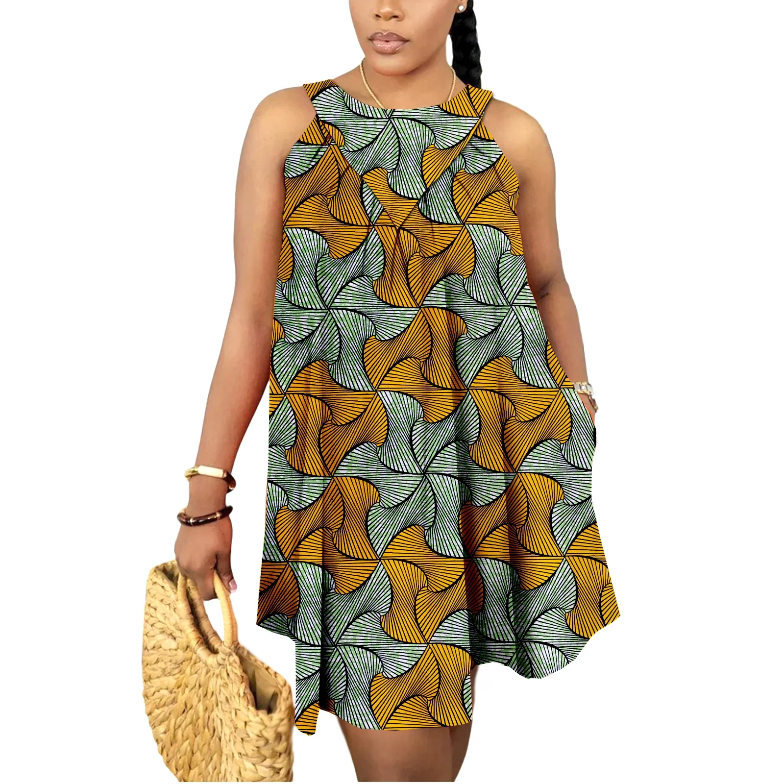 Mini-robes d'été africaines pour femmes, robe en wax imprimé Kente Ankara, sans manches, style bohème, tenue décontractée et élégante pour mariage – Image 9