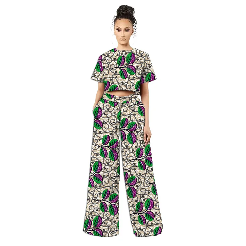 Costumes africains originaux de style rétro pour femmes, mini-hauts et pantalons larges à imprimé tissu africain, ankara style, tenue tendance pour dames, sur mesure – Image 6