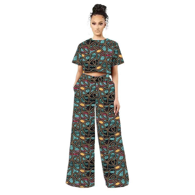Costumes africains originaux de style rétro pour femmes, mini-hauts et pantalons larges à imprimé tissu africain, ankara style, tenue tendance pour dames, sur mesure – Image 7