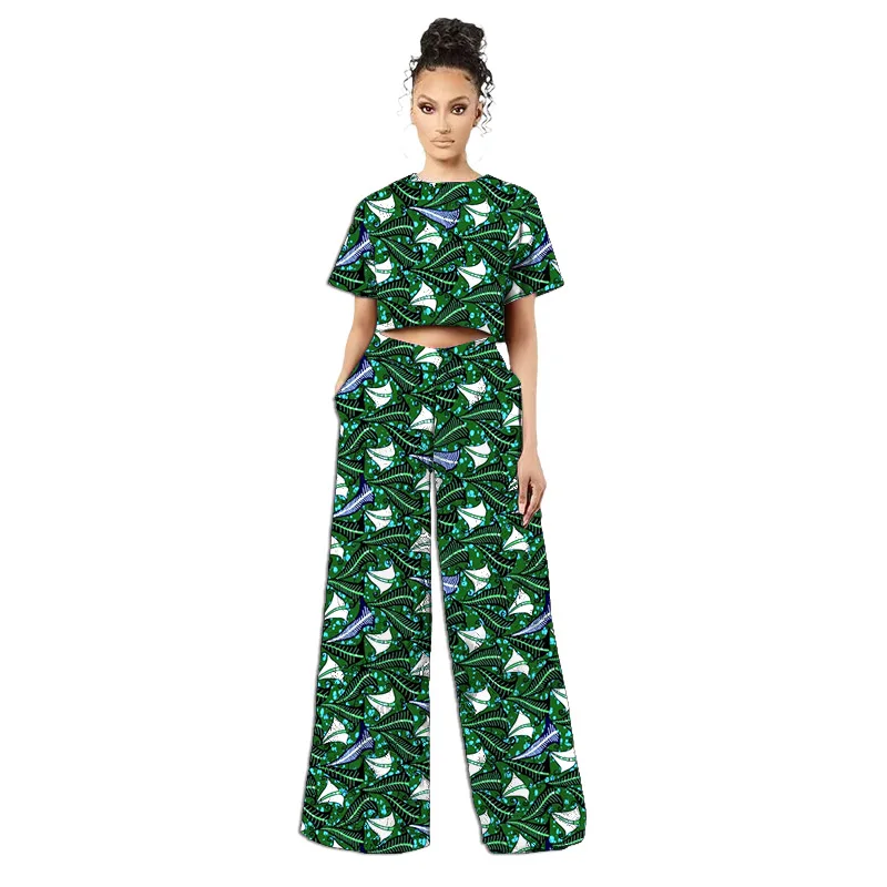 Costumes africains originaux de style rétro pour femmes, mini-hauts et pantalons larges à imprimé tissu africain, ankara style, tenue tendance pour dames, sur mesure – Image 8