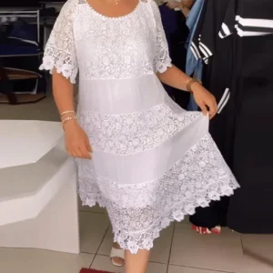 Robe midi droite en patchwork de dentelle unie pour femme