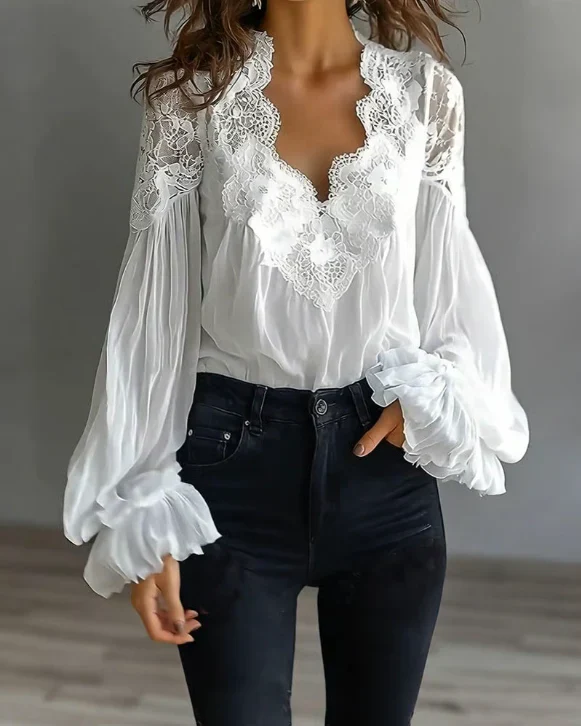 Chemisier à manches lanternes et col festonné en dentelle florale pour femme