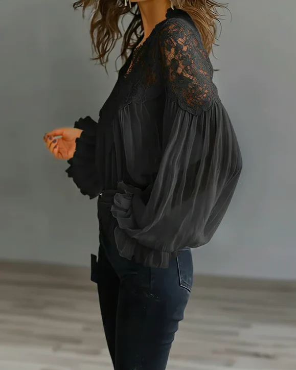 Chemisier à manches lanternes et col festonné en dentelle florale pour femme – Image 5