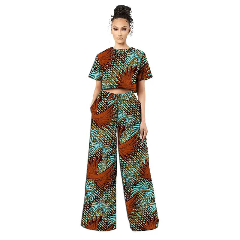 Costumes africains originaux de style rétro pour femmes, mini-hauts et pantalons larges à imprimé tissu africain, ankara style, tenue tendance pour dames, sur mesure – Image 9