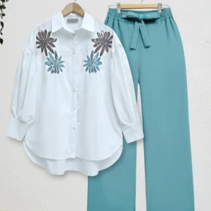 Chemise en popeline de coton brodée floral -Blanc