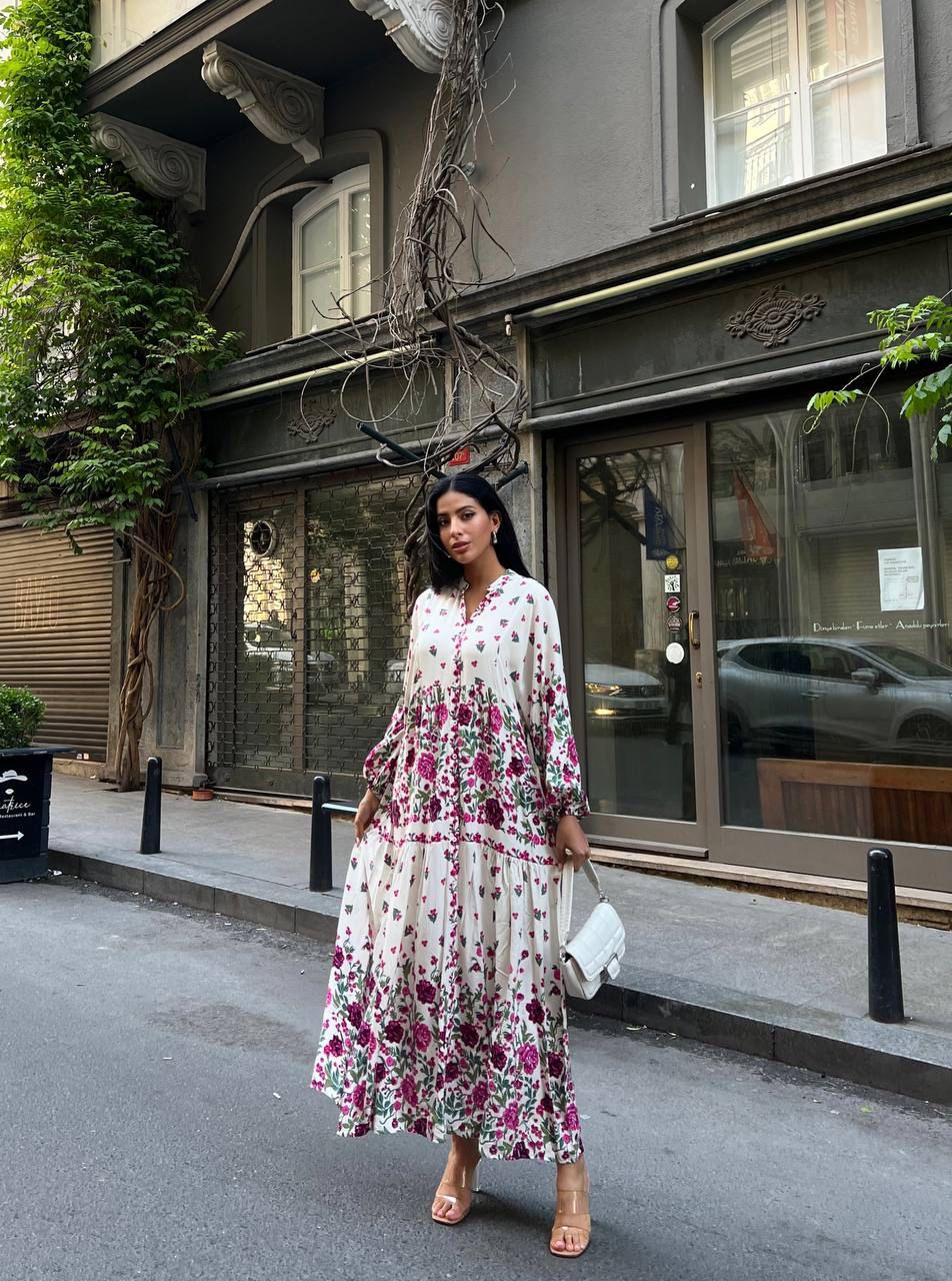 Robe longue pour femmes imprimé floral rose vibrant – Image 3